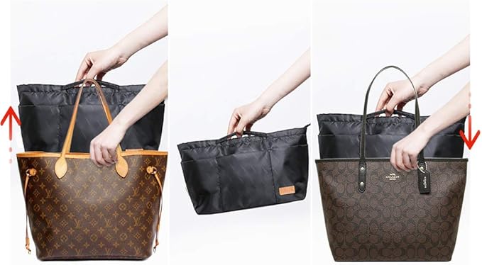 iN. Multi-Pocket Travel Handbag Organizer Insert Large for Tote Bag Purse Liner Insert Organizer with Handles (Large, Black)