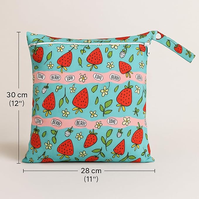 FANALALA Waterproof Wet Dry Bag, Reusable Diaper Pouch with Zipper, Machine Washable Travel Organizer for Beach, Daycare, Kids, Dinosaur Pattern (Strawberry)