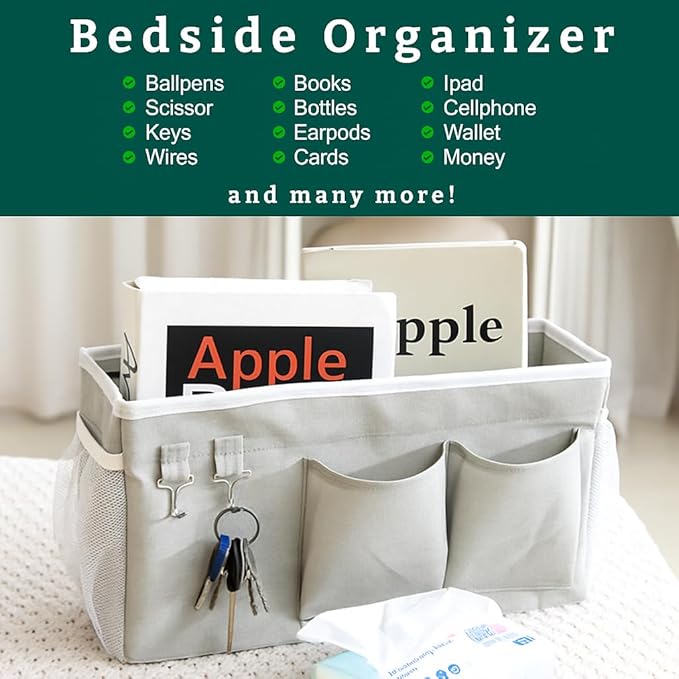 Bedside Caddy Organizer Hanging Storage Bag with Pockets for Books, Magazines, Phone, Tablet & Water Bottle – 2-Pack Bedside Storage for Dorm Rooms, Bunk Beds, Hospital Beds & Cribs , Gray