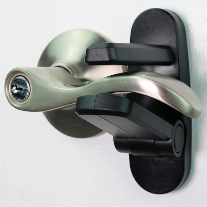 Door Lever Lock (4 Pack) Prevents Toddlers from Opening Doors. 3.25" L * 1.5" W * 4.5" H Easy One Hand Operation for Adults. Durable ABS with 3M Adhesive Backing. Simple Install (Black)