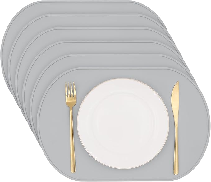 Silicone Placemat Set of 6, Heat Resistant Placemats for Dinning Table, Reusable Portable Kids Baby Placemats, Waterproof Stain-Proof Toddler Food Mats, Easy to Clean Silicone Mat Oval Placemat
