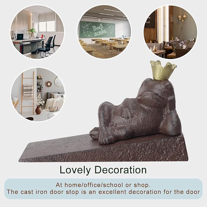 Earl Diamond Heavy Duty Cast Iron Cute Crown Frog Door Stops | Decorative Cute Animal Statue Metal Door Stopper Wedge, with Non-Slip Mat for Home Office Commercial