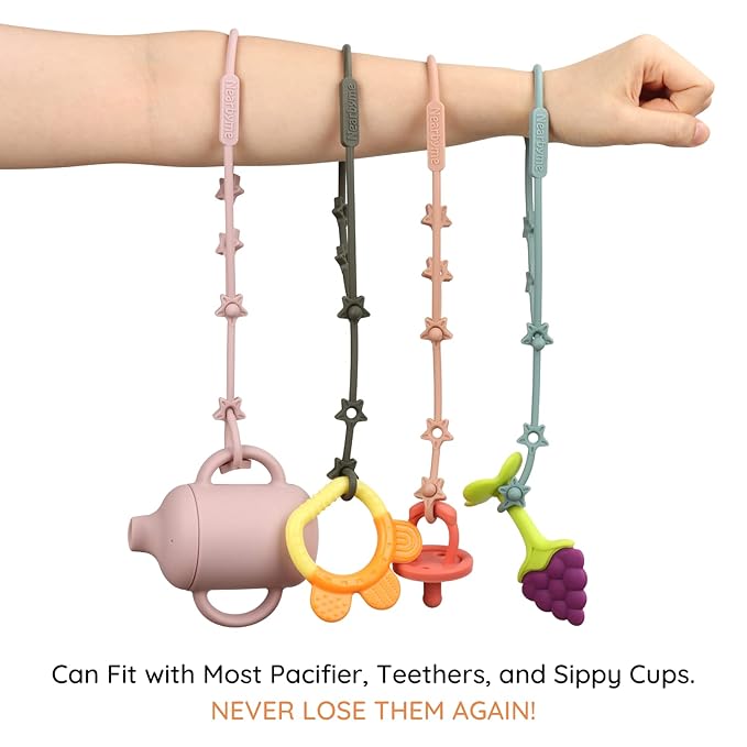 Toy Straps for Baby, 4 Pack Adjustable Stretchable Sippy Cup Straps, Sippy Bottles or Pacifier to Stroller, Highchair, Car Seat, Hanging Basket (4Pack,Midnight Blue/Ether/Deep Lilac/Mauve)