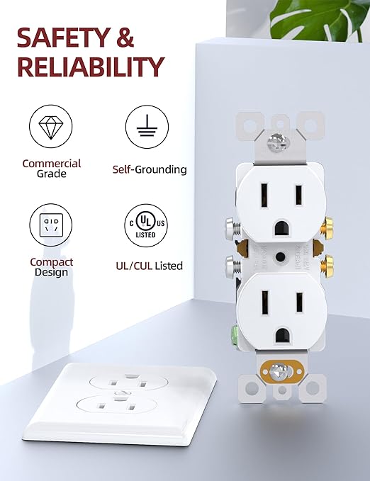 AIDA Outlet White Duplex Receptacle with Wall Plate, Electrical Outlet Electrical Wall Outlet, 15 Amp Outlet 125V, Self-Grounding, 2-Pole, 3-Wire, 5-15R, UL Listed, 10 Pack