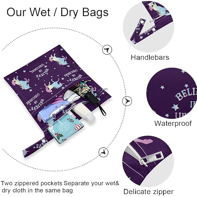 visesunny Believe in Unicorn 2Pcs Wet Bag with Zippered Pockets Washable Reusable Roomy Diaper Bag for Travel,Beach,Daycare,Stroller,Diapers,Dirty Gym Clothes,Wet Swimsuits,Toiletries
