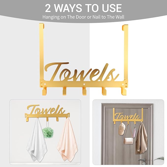 Azmoncy Over The Door Hooks, Towel Rack Towel Hooks for Bathroom, Towel Holder for Hanging Heavy Duty, Door Rack Over Door Hanger with 5 Coat Hooks for Bedroom Bathroom Kitchen（Light Gold）