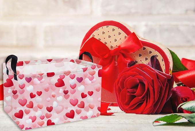 Essme Rectangular Valentine's Day Baskets Girls Storage Box,Pink Heart Storage Bins Organizer with Handles for Girls Room Decor,Gift Basket,Shelf Basket,(Romantic heart)