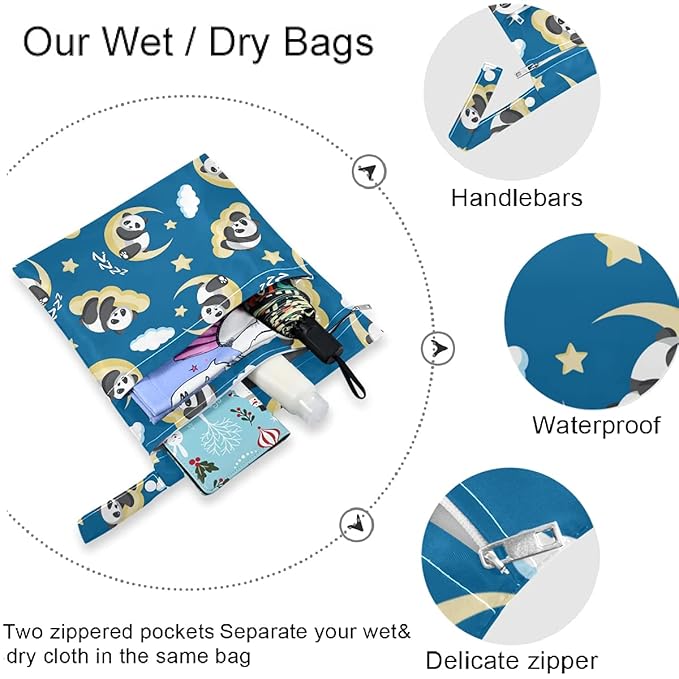 visesunny Panda Sleeping On Clouds Moon 2Pcs Wet Bag with Zippered Pockets Washable Reusable Roomy Diaper Bag for Travel,Beach,Daycare,Stroller,Diapers,Dirty Gym Clothes,Wet Swimsuits,Toiletries