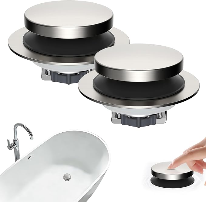 Hibbent 2 Pack 3 in 1 Metal Bathtub Drain Stopper, Universal Pop Up Tub Stopper with Removable Filter Basket, Bathtub Hair Catcher for 1.5''~2.4'' Drain, Brass Bullet Core, Brushed Nickel
