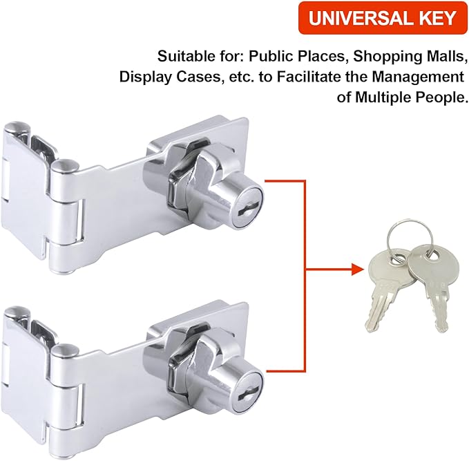 KIBBEH 2 Pack Door Lock Hasp Latchs, Collapsible Solid 304 Stainless Steel File Cabinet Lock Desk Drawer Lock, for 90 Degree and 180 Degree Drawers, Dabinets, Doors, Flip Barn Door (Universal Key)