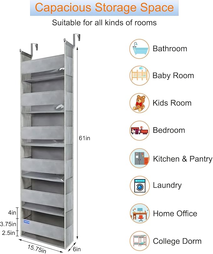 roomtalk Extra Large Over The Door Organizer Storage 6-Shelves and 12 Side Pockets, Heavy Duty Hanging Door Organizer for Closet Bathroom Bedroom Nursery Pantry, Grey