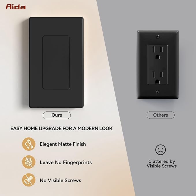 AIDA 1-Gang Screwless Decorative Wall Plates, Standard Size Unbreakable Thermoplastic Faceplate Cover for Decorator Receptacle Outlet Switch, UL Listed (1 Pack, Matte Black)