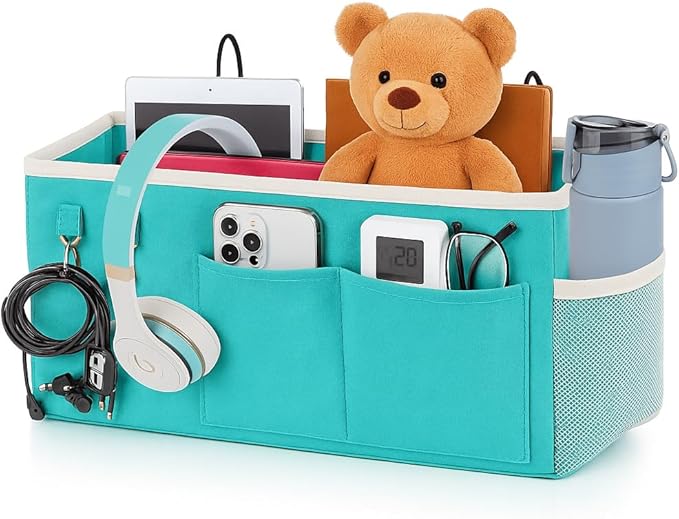 Bedside Caddy Organizer Hanging Storage Bag with Pockets for Books, Magazines, Phone, Tablet & Water Bottle – Bedside Storage for Dorm, Bunk Beds, Hospital Beds & Cribs, Green