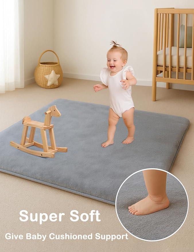 Thick Padded Baby Floor Play Mat 1.2" Cushioned Velvet Surface Non Slip Bottom High Density Foam Safe and Soft Floor Mat for Infants Toddlers and Playpen Use (Gray, 79X71)