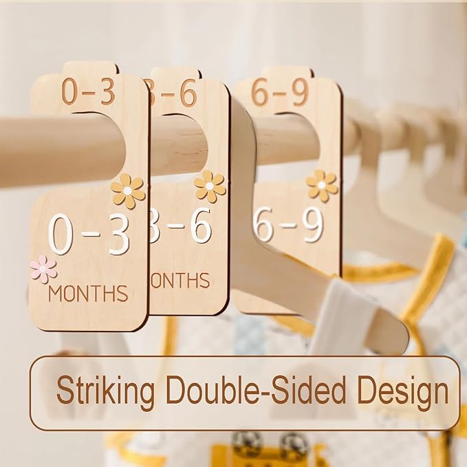eoscasely Baby Closet Divider - 3D Double-Sided Wooden Baby Wardrobe Baby Closet Organizer,Daisy design Nursery Decor Clothes Hanger Dividers for Sorting 8 Sizes from Newborn to 24+ Months