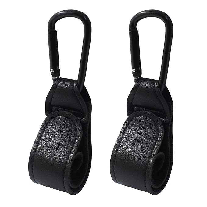 2 Pcs Stroller Hooks for Diaper Bag - Durable Leather Stroller Straps Diaper Bag Hooks - Stroller Clips for Stroller Wheelchair Shopping Carts - Black