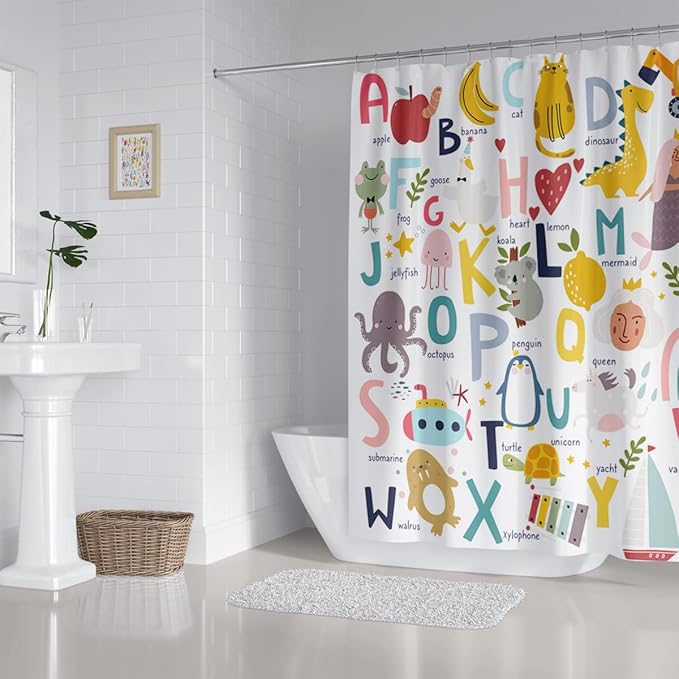 Alphabet Shower Curtain Kids ABC Educational Learning Tool Baby Cartoon Animals Girls Boys Colorful Bathroom Decor Waterproof Fabric 72Lx60W Inch with Hooks
