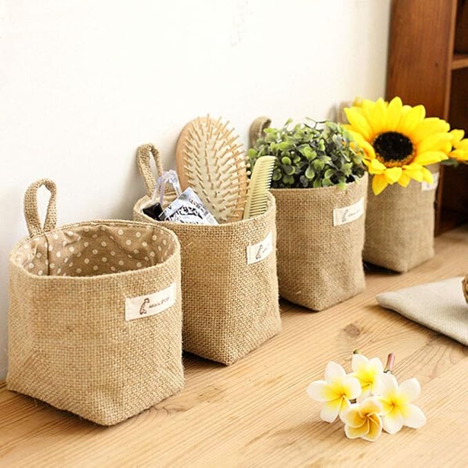 6 PCS Mini Hanging Storage Bags, Anberky Cotton Linen Small Storage Basket Wall Hanging Organizer Box Wall Mounted Storage Pocket Collapsible Decor Bin Bag with Handle for Wall Door Closet (#A)