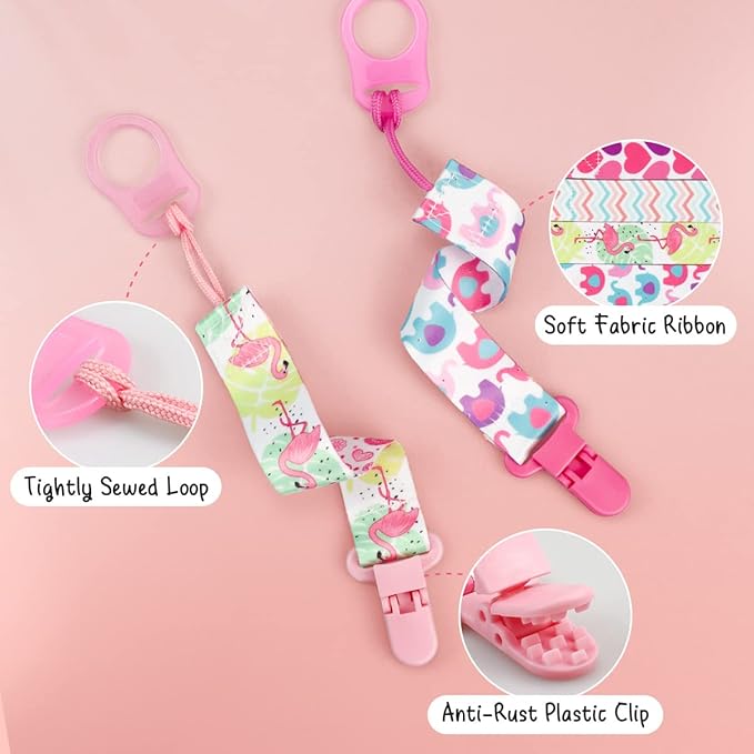 4 Pack Pacifier Holder Clips for Girls, Dummy Clips Girls with Adapters, Silicone Binky Clips for Baby Teething Toys Baby Shower