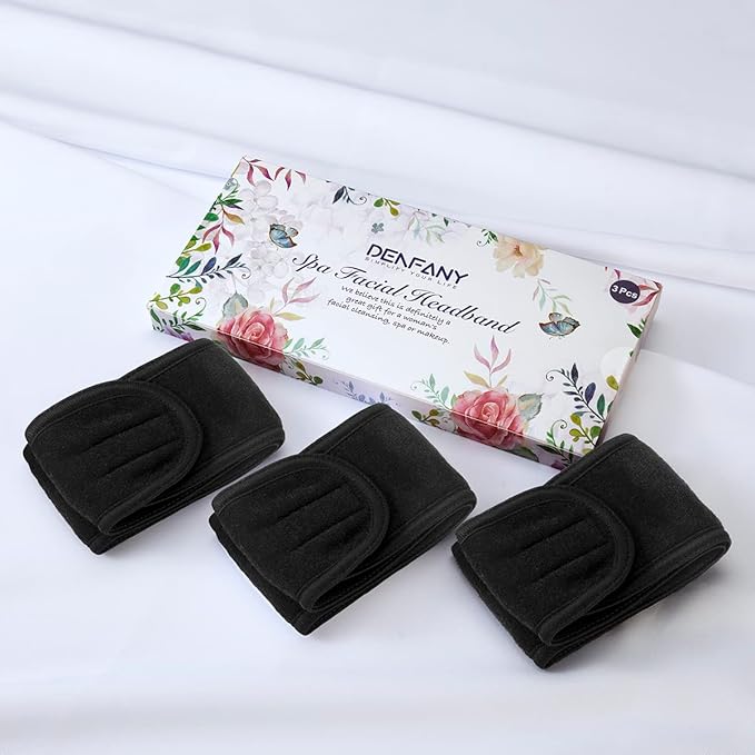 Denfany Spa Headband - Deluxe Face Wash Headband, Comfortable, Adjustable and Machine-Washable, Ideal for Showering, Makeup and Exercise (Black 3 Pack)