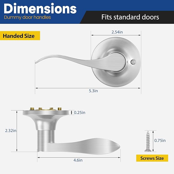 Dummy Door Handles, Interior Closet Door Handle, Door Levers Wave Style Satin Nickel, 2 Pack