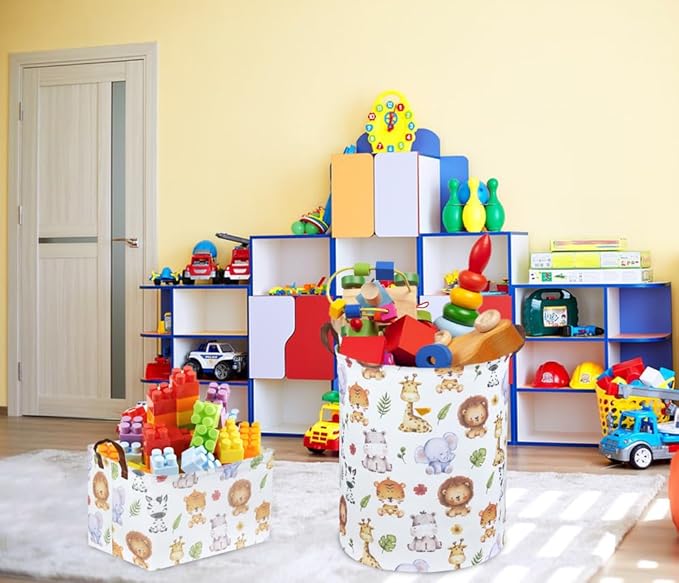 Sanjiaofen Rectangular Kids Storage Bins,Baby Baskets Organizer.Waterproof PE Coating Cute Basket with Handles.Woodland Nursery Decor,Toys Box,Books Basket, (Cute Animal)