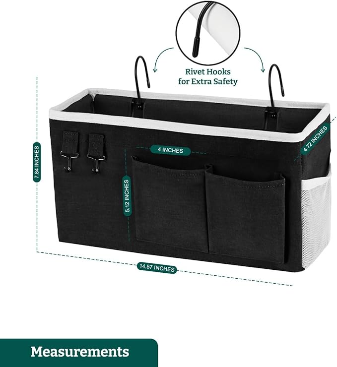 Bedside Caddy Organizer Hanging Storage Bag with Pockets for Books, Magazines, Phone, Tablet & Water Bottle – Bedside Storage for Dorm, Bunk Beds, Hospital Beds & Cribs, Black