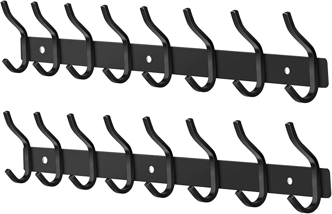 HAMUTH Wall Hooks Heavy Duty, 23 Inch Coat Rack Wall Mount with 8 Hooks, Black Wall Hooks for Entryway, Bathroom - for Hanging Backpack, Bag, Coat, Purse, Hat, Towel, Clothes,2 Packs