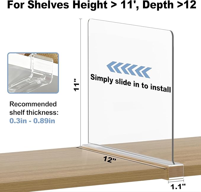 Purse Organizer for Closet Shelf Dividers: 11-inch Tall (Higher Version) Adjustable Clear Acrylic Bag Storage Organizer for Handbags, Sweaters, Towels, Jeans and Shoes on Wood Shelves 4-Pack
