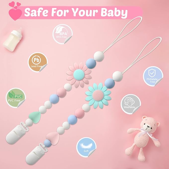 Silicone Pacifier Clip, 4 Pack Pacifier Holder for Boys and Girls, Adorable Sunflower Pacifier Clips Fits for Most Pacifier, Baby Teethers, Baby Shower and Baby Gift