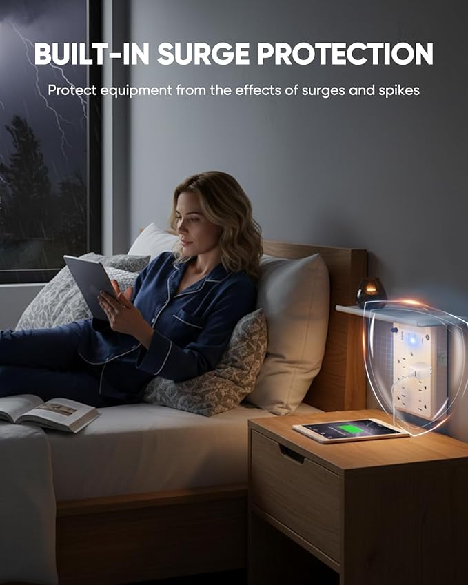 Saker Multi-Plug Outlet with Night Light,Wall Outlet Extender Surge Protector with 6 AC Outlets, 4 USB Ports(1 USB C), Overtop Power Charger with Outlet Shelf for Homes and Dormitories
