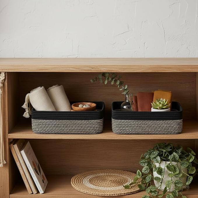 Small Woven Storage Baskets 2 Pack, 15"x11"x5.1" Decorative Storage Basket for Organizing Shelves, Closet, Nursery, Bathroom, Cotton Rope Basket, Black & Mixed Black