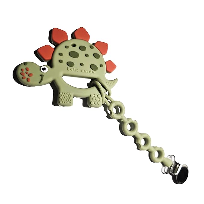 Dinosaur Teething Toys 3-6 Months with Pacifier Clip, Baby Teether 6-12 Months,Silicone Teethers, Soft-Textured Infant Toys for Teething Relief & Brain Development, Newborn Essentials-Olive
