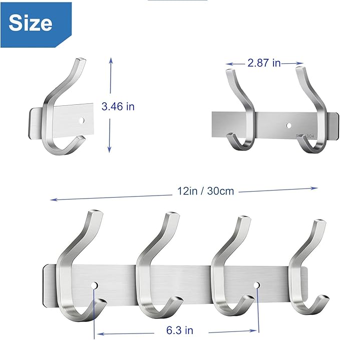 HAMUTH 12 Inch Wall Hooks, 304 Stainless Steel Coat Hanger Wall Mount with 4 Hooks, Silver Coat Hooks for Hanging Backpack,Bag, Purse,Clothes,Towel | Entryway & Bathroom Storage Organization Hanger