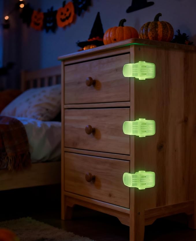 Luminous Lock for Drawer, Roctee 6 Pack Drawer Cabinet Locks Glow in The Dark Button Furniture Latch Kitchen Cupboard RV Barn, Night Easy Unlock, Fluorescent Decor