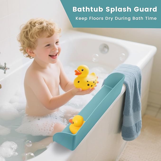 Silicone Bathtub Splash Guard with Strong Suction Cups, Bath Toy Holder & Water Spill Protector for Kids, No-Mess Play Shelf Organizer, Toddler Bath Essentials (Gray)