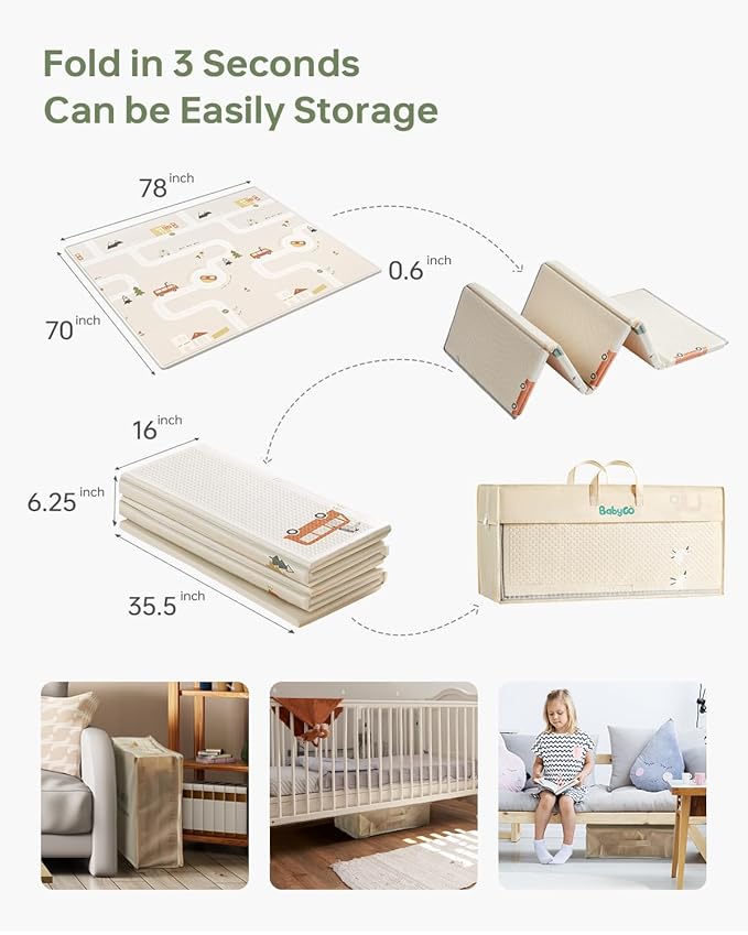 BG-BABYGO Baby Play Mat, 0.6" Foam Thicker Baby Playmats, Large Foldable 78"x70" Play Mat for Babies, Waterproof & Reversible Baby Mat for Floor, Crawling Baby Mat for Indoor&Outdoor&Travel(70*78*0.6)