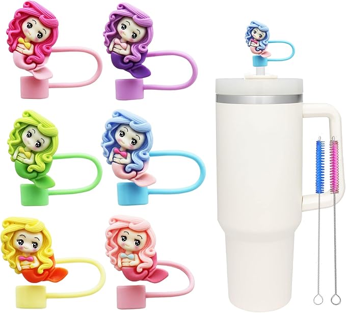 6Pcs 10mm Curly Haired Mermaid Straw Cover for Stanley Cup,Dust-Proof Straw Topper for 30&40 oz Tumblers and Water Bottles,Reusable Tumbler Cup Accessories for Stanley，Funny Gifts for Women & Girls