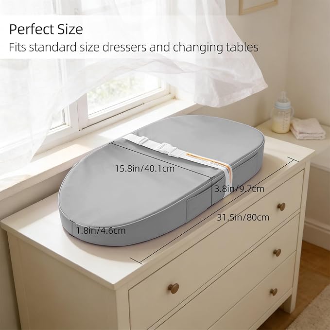 Baby Changing Pad, Waterproof Vegan Leather Wipeable Diaper Changing Pad with Safety Strap Non-Slip Changing Mat for Dresser & Table