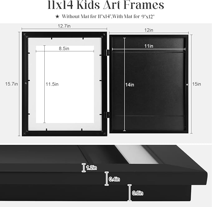 2-Pack Kids Art Frames, 11x14 Front Opening Kids Artwork Frames Changeable, Displays 9x12 With Mat and 11x14 Without Mat, Holds 50 Pcs, for 3D Picture, Crafts, Children Drawing, Hanging Art, Portfolio