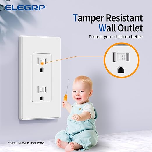 ELEGRP Matte White Decorator Wall Receptacle Outlets, Tamper Resistant 15 Amp Standard Electrical Wall Outlet, Residential Grade, Self-grounding, 125V, Mid Size Wall Plate Included, UL Listed, 20 Pack