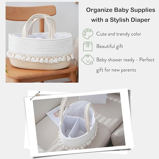 Baby Diaper Caddy Organizer, Rope Tassel Nursery Storage Bin Basket, Portable Holder Tote Bag for Girl Boy, Nursery Storage Bin with Removable Divider, Newborn Holder for Baby Shower & Mums (White)