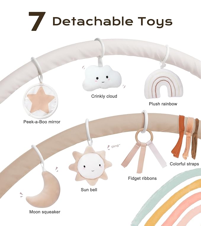 Little Dove Baby Play Gym Mat, Tummy Time Activity Mat with 7 Detachable Toys and 12 Milestone Cards for Stage-Based Sensory and Motor Skill Development, Washable Play Mats for Infant, Brown