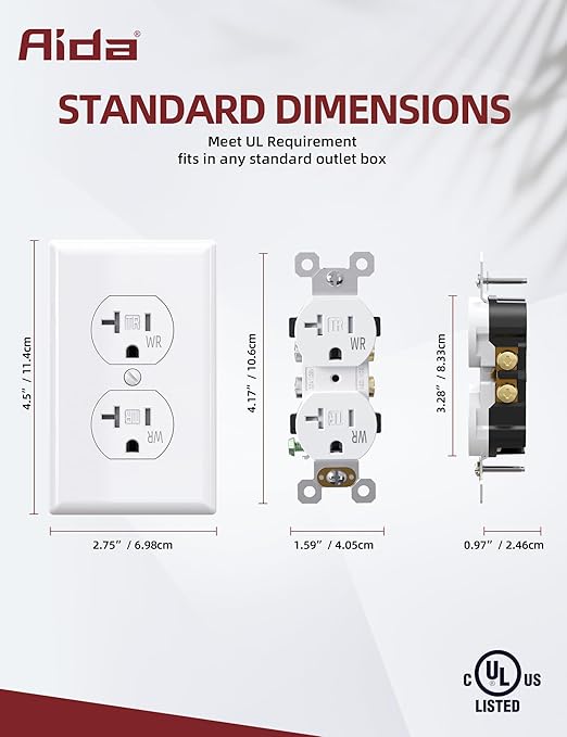 AIDA 20 Amps Outlets Duplex Electrical Receptacle Outlets, Tamper Resistant & Weather Resistance, Wall Plate Included, Residential, 3-Wire, Self-Grounding, UL Listed (10 Pack, White)
