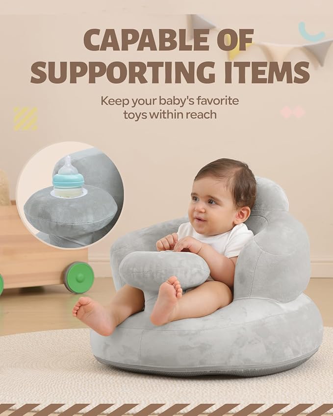 AGITVPS Velvet-Covered Inflatable Baby Seat with Built-in Pump | A Supportive Bumbo Seat for Babies 3-36 Months | Perfect for Learning to Sit, Feeding, Floor Time & Camping (Velvet Tray-Gray)