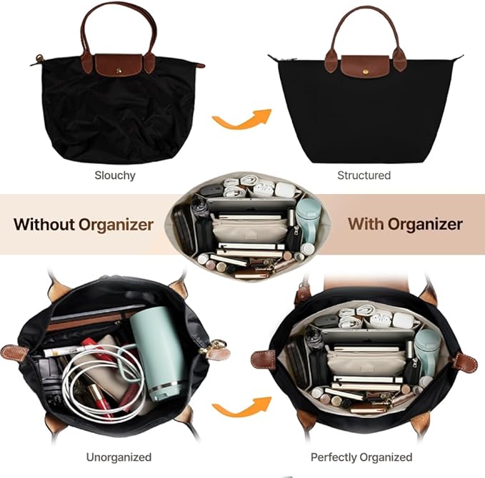 Waterproof Premium Nylon Purse Organizer Insert for Longchamp Le Pliage Tote Bag (Beige, Large)