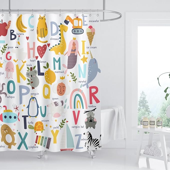 Alphabet Shower Curtain Kids ABC Educational Learning Tool Baby Cartoon Animals Girls Boys Colorful Bathroom Decor Waterproof Fabric 72Lx60W Inch with Hooks