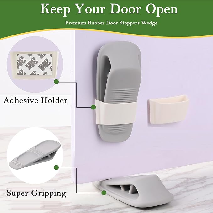 Fursafe&Q Rubber Door Stoppers for Bottom of Door, Door Stop Wedge with Holder, Heavy Duty Doorstops 2 Pack, Wall Protector for Home & Office & School & Commercial Doorstop Keep Open Stack Grey