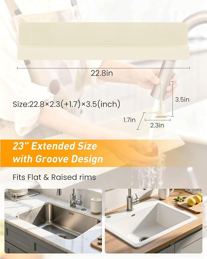 Kitchen Sink Splash Guard 18" Silicone Water Guard with Strong Suction Cups, Faucet & Countertop Protector, Bathroom & Sink Edge Splash Guard Strip, Easy Install, Dishwasher Safe-Cream