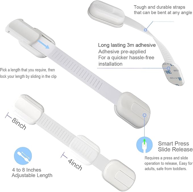 Baby Proofing Straps Locks, (12 pack) Child Safety Locks for Cabinet, Drawers, Fridge, Dishwasher, Cupboard, Toilet Seat, Oven, Trash Can, The Fastest and Easiest Install of Childproof Lock